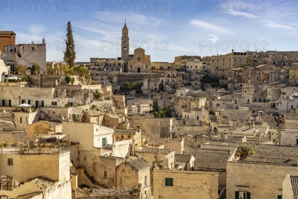 City view with the Sassi cave settlements and the cathedral of Matera, Basilicata, Italy
