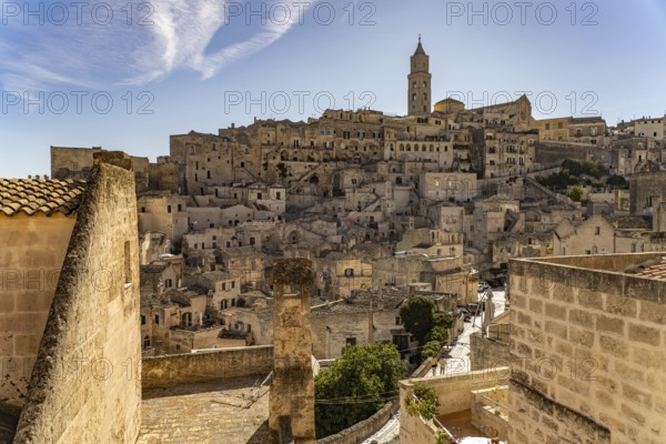 City view with the Sassi cave settlements and the cathedral of Matera, Basilicata, Italy