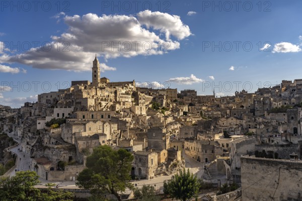 City view with the Sassi cave settlements and the cathedral of Matera, Basilicata, Italy
