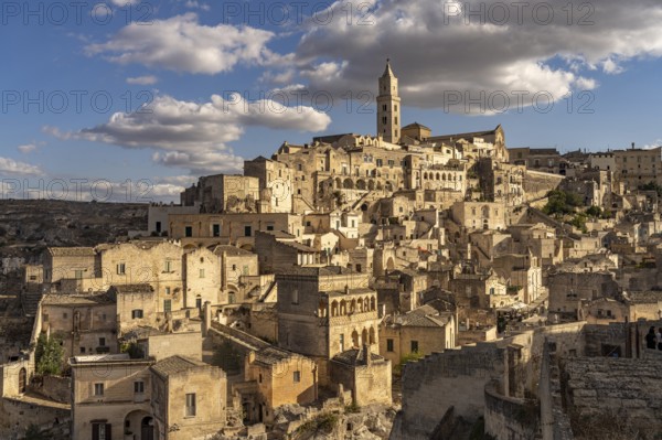 City view with the Sassi cave settlements and the cathedral of Matera, Basilicata, Italy