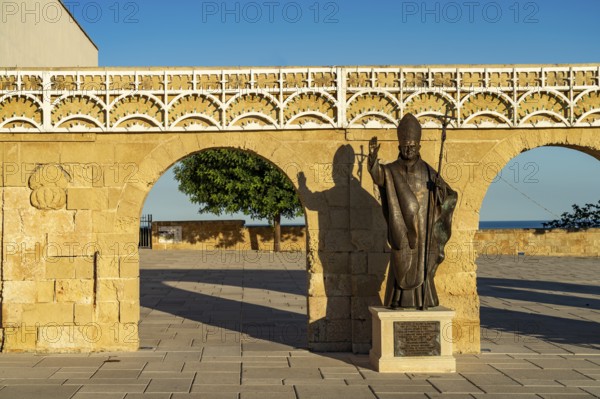 Statue of Pope Benedict XVI at the Basilica of Santa Maria de Finibus Terrae in Santa Maria di Leuca, Apulia, Italy