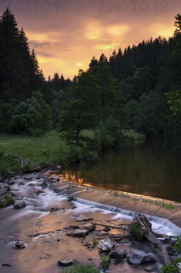 Landscape in the Black Forest, river Wutach near the Schattenmühle. Long exposure. Sunset. Wutach Gorge, Upper Black Forest, Baden-Württemberg, Germany