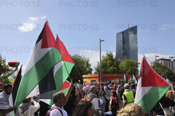 Several thousand people take part in a pro-Palestine demonstration under the slogan United 4 Gaza in Frankfurt am Main on 30 August 2025 in the Hafenpark, near the European Central Bank (ECB) . The rally is accompanied by a massive police presence. On 7 October 2023, the terrorist militia Hamas killed more than 1, 100 people in an attack on Israel. Since Israel's subsequent intervention in the Gaza Strip, there have been repeated pro-Palestinian demonstrations throughout Germany