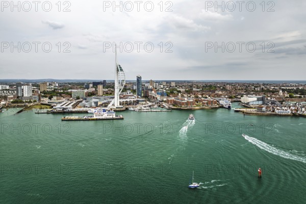 Portsmouth Harbour over Spinnaker Tower from a drone, Portsmouth, Gosport, England, United Kingdom