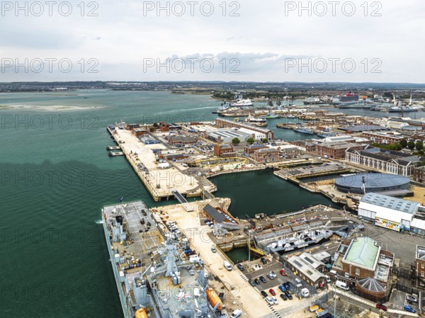 Portsmouth Harbour over Spinnaker Tower from a drone, Portsmouth, Gosport, England, United Kingdom
