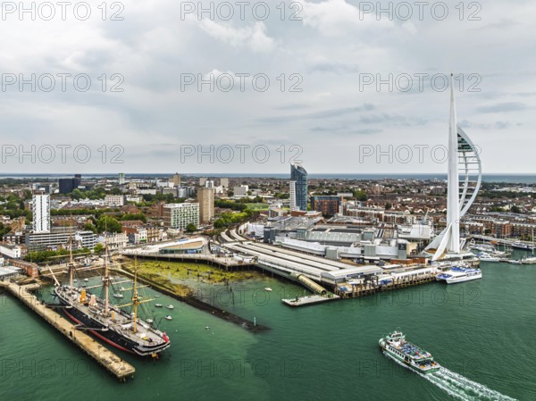 Portsmouth Harbour over Spinnaker Tower from a drone, Portsmouth, Gosport, EnglandDefault