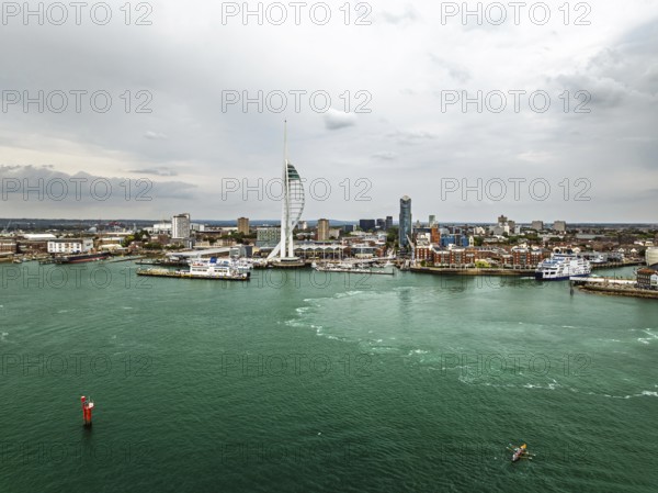 Portsmouth Harbour over Spinnaker Tower from a drone, Portsmouth, Gosport, England, United Kingdom