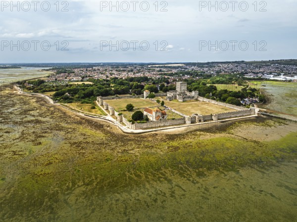 Portchester Castle from drone, Portchester, Fareham, Hampshire, England, United Kingdom