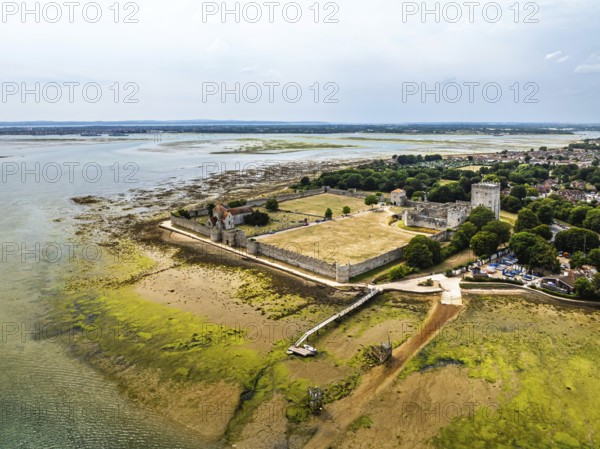 Portchester Castle from drone, Portchester, Fareham, Hampshire, England, United Kingdom