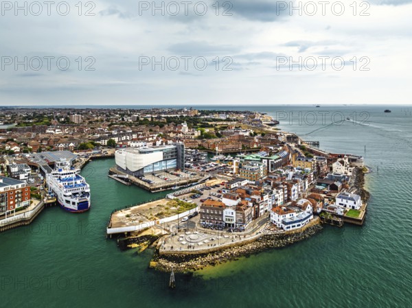 Portsmouth Harbour over Spinnaker Tower from a drone, Portsmouth, Gosport, England, United Kingdom