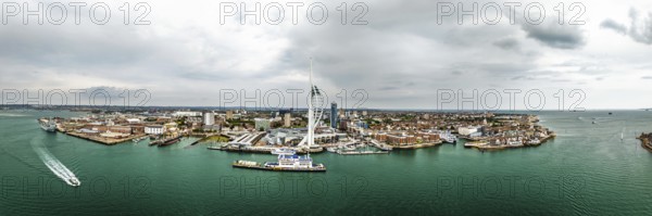 Panorama of Portsmouth Harbour over Spinnaker Tower from a drone, Portsmouth, Gosport, England, United Kingdom
