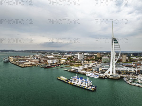 Portsmouth Harbour over Spinnaker Tower from a drone, Portsmouth, Gosport, England, United Kingdom
