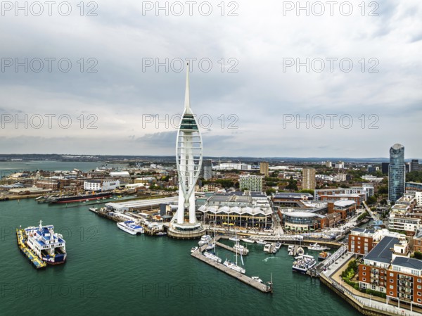 Portsmouth Harbour over Spinnaker Tower from a drone, Portsmouth, Gosport, England, United Kingdom
