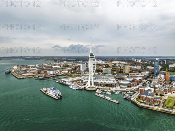 Portsmouth Harbour over Spinnaker Tower from a drone, Portsmouth, Gosport, England, United Kingdom