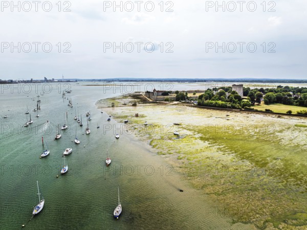 Portchester Castle from drone, Portchester, Fareham, Hampshire, England, United Kingdom