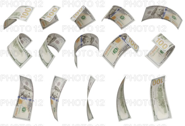 Build your own set - randomly falling collection of U.S. 100 dollar bills isolated on a white background