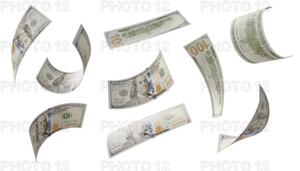 Build your own 3 (of 3) - randomly falling collection of U.S. 100 dollar bills isolated on a white background