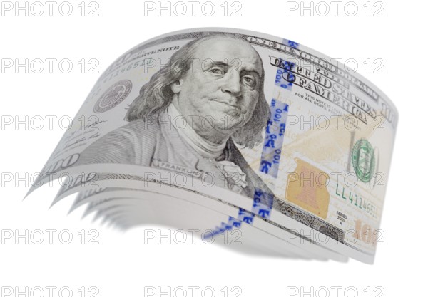 Abstract set of U.S. 100 dollar bills isolated on a white background