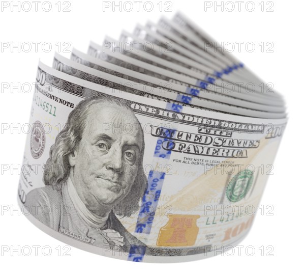 Abstract set of U.S. 100 dollar bills isolated on a white background