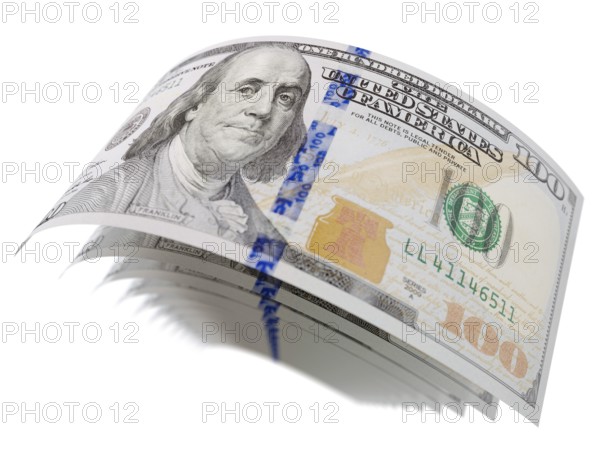 Abstract set of U.S. 100 dollar bills isolated on a white background