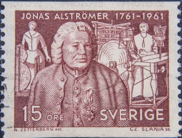 Jonas Alströmer, (1685, 1761) was one of the leading figures of the Industrial Revolution in Sweden. Portrait on a Swedish postage stamp