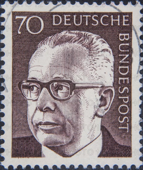 Gustav Walter Heinemann, (1899, 1976) was a German politician and the third Federal President of the Federal Republic of Germany. Portrait on a German postage stamp