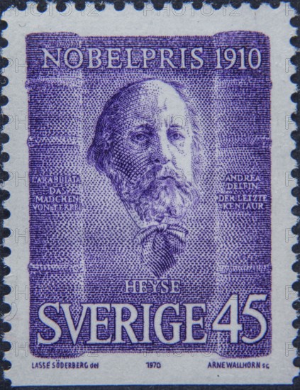 Paul Johann Ludwig von Heyse, 1830, 1914, a German author who was awarded the Nobel Prize in Literature in 1910. Portrait on a Swedish postage stamp
