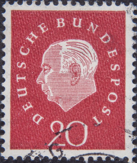 Theodor Heuss, (1884, 1963) was a German politician and the first Federal President of West Germany during the years 1949-1959. Portrait on a German postage stamp