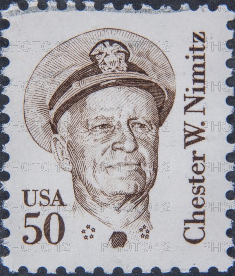 Chester W. Nimitz (1885, 1966) admiral in the US Navy during WWII. Portrait on US postage stamp
