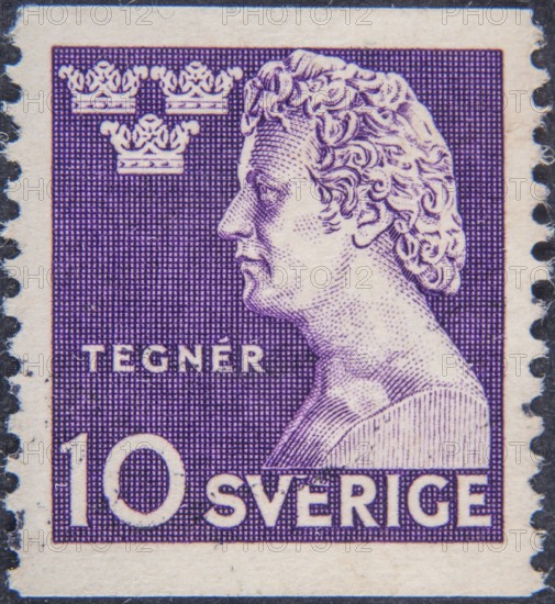 Esaias Tegnér, 1782, 1846, a Swedish poet and cultural figure. He was professor of Greek at Lund University, bishop of the Diocese of Växjö from 1824 and member of the Swedish Academy from 1819. Portrait on a Swedish postage stamp