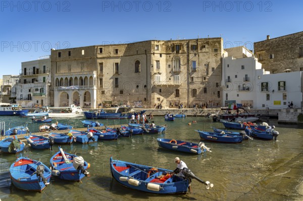 Blue Gozzi fishing boats in the old harbour of Monopoli, Apulia, Italy