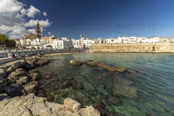 City view of Monopoli with the cathedral, city wall and the beach Cala Porta Vecchia, Apulia, Italy