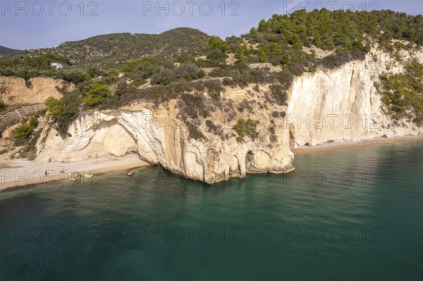 Beach of Baia Di Mattinatella and Cala di Enea near Mattinatella seen from above, Mattinata, Gargano, Apulia, Italy