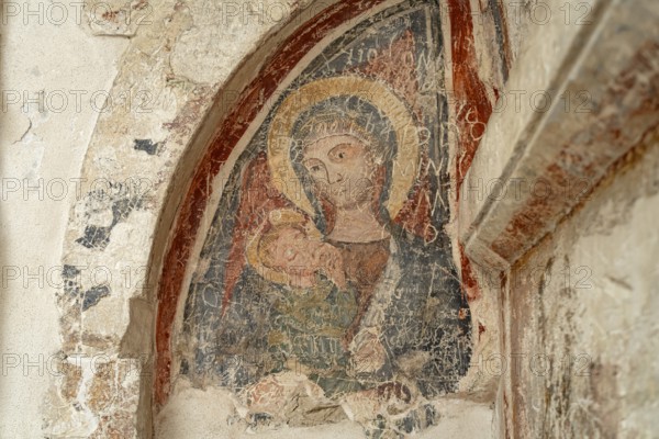 Fresco in the Roman Catholic pilgrimage church of San Michele Arcangelo, UNESCO World Heritage Site in Monte Sant'Angelo, Gargano, Apulia, Italy