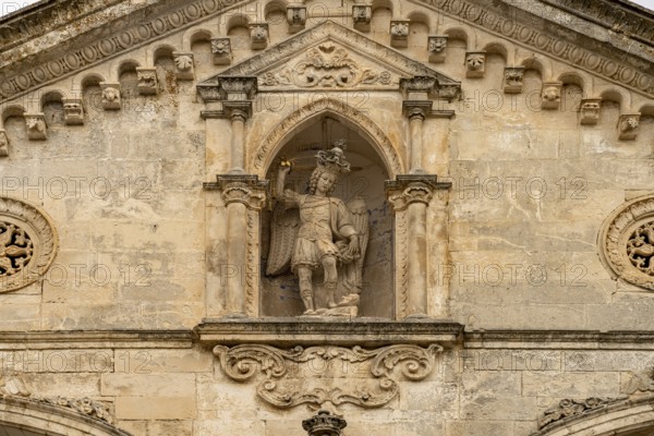 Archangel Michael sculpture at the Roman Catholic pilgrimage church of San Michele Arcangelo, UNESCO World Heritage Site in Monte Sant'Angelo, Gargano, Apulia, Italy
