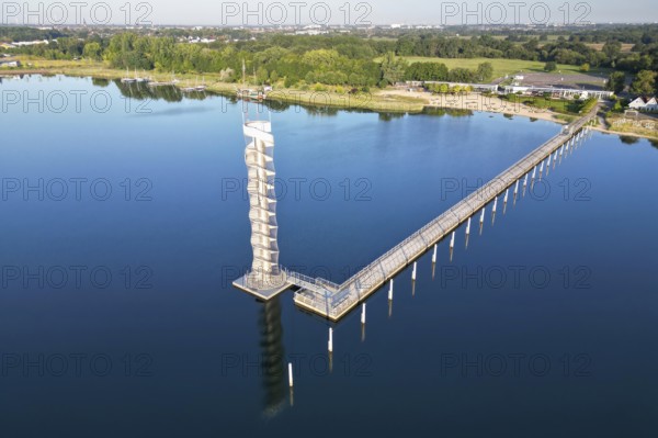 Default26 metre high gauge tower, Bitterfeld, Saxony-Anhalt, recreation, holiday, sailing, swimming, restaurant town harbour, lakeside terrace, boats, sailing ship, former open-cast lignite mine, holidaymakers, tourism, 200 metre long pier, recreation and nature reserve, water sports and tourism, aerial view, Germany from above