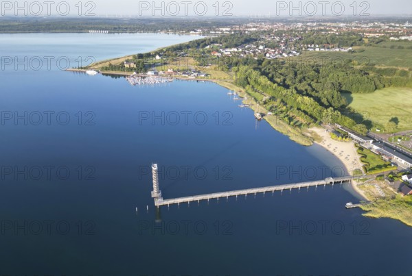 Default26 metre high gauge tower, Bitterfeld, Saxony-Anhalt, recreation, holiday, sailing, swimming, restaurant town harbour, lakeside terrace, boats, sailing ship, former open-cast lignite mine, holidaymakers, tourism, 200 metre long pier, recreation and nature reserve, water sports and tourism, aerial view, Germany from above
