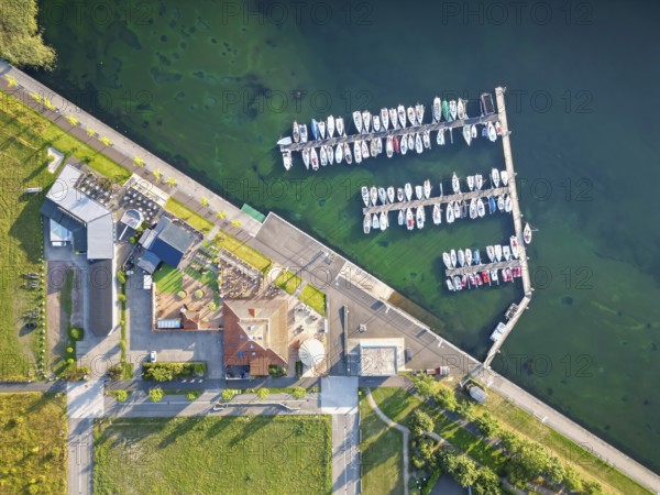 Marina on the Goitzsche, moorings on the Great Lake Goitzsche, Bitterfeld, Saxony-Anhalt, recreation, holidays, sailing, swimming, restaurant town harbour, lakeside terrace, boats, sailing ship, former open-cast lignite mine, holidaymakers, tourism