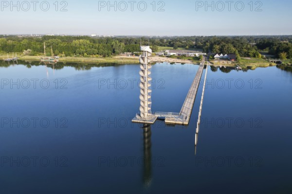 Default26 metre high gauge tower, Bitterfeld, Saxony-Anhalt, recreation, holiday, sailing, swimming, restaurant town harbour, lakeside terrace, boats, sailing ship, former open-cast lignite mine, holidaymakers, tourism, 200 metre long pier, recreation and nature reserve, water sports and tourism, aerial view, Germany from above