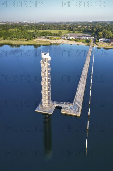 26-metre-high observation tower, Bitterfeld, Saxony-Anhalt, recreation, holiday, sailing, swimming, restaurant in the town harbour, lakeside terrace, boats, sailing ship, former open-cast lignite mine, holidaymakers, tourism, 200-metre-long pier, recreation and nature reserve, water sports and tourism, aerial view, Germany from above