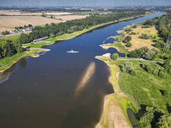 Aerial view, Elbe, yaw ferry, shipping, reed bed, ferry connection, ferry, foggy mood, sunrise, biotope, habitat, travel destination, Germany from above, sandbanks, dryness, low water, drought, climate change, Elbe cycle path, tourism, Elbe floodplains, floodplain landscape, river course, delta, Middle Elbe river landscape, flowing water, sunrise, Middle Elbe biosphere reserve, Saxony-Anhalt, Germany