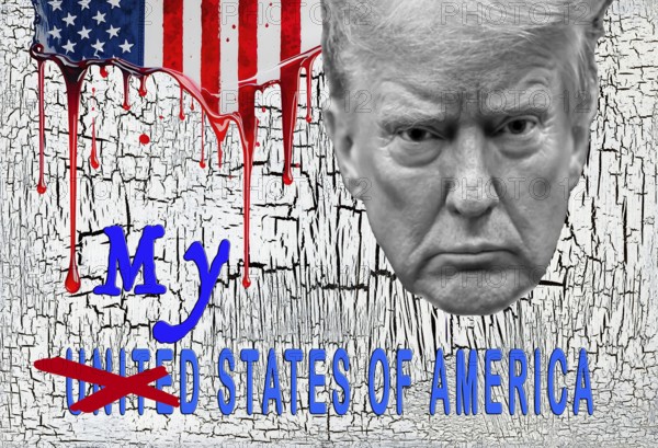 Symbolic image, Trump as owner of the USA, governing with executive order, pseudo-government, democracy versus autocracy, US democracy in danger, criticism of freedom of speech, LGBT, wokeness, EU and Germany as scapegoats, industry, Donald Trump, customs dictates, Elon Musk, Mark Zuckerberg, social networks, fake news, broken rights, hatred, hate speech, DSG Digital Services Act, re-election, USA, politics, announcements, vendetta, wanted dictator, Republicans, US electoral system, global danger, lies, 2nd term, global burden, Ukraine. term, global burden, Ukrainian war, White House storm