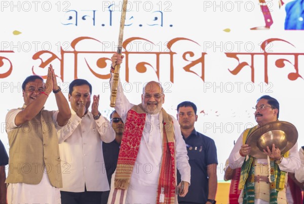 Union Home Minister Amit Shah addresses the newly elected National Democratic Alliance's (NDA) village councils at the 'Panchayat Sanmilan' in Guwahati, india on August 29, 2025