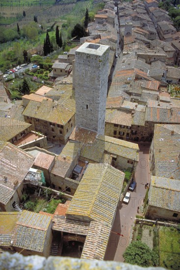 Roofscape and a gender tower of San Gimignano, Toakana, Italy