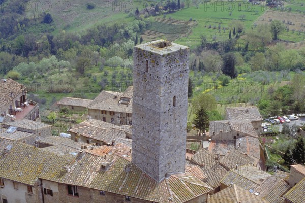 Roofscape and a gender tower of San Gimignano, Toakana, Italy