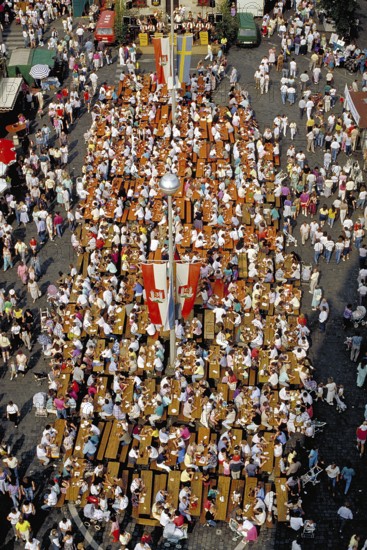 View from the tower of St John's Church of the annual well-attended town festival, crowded visitors at beer tables, Lauf an der Pegnitz, Middle Franconia, Bavaria, Germany