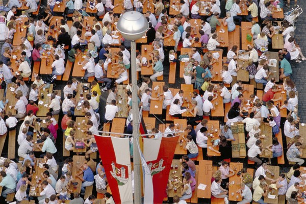 View from the tower of St John's Church of the annual well-attended town festival, crowded visitors at beer tables, Lauf an der Pegnitz, Middle Franconia, Bavaria, Germany