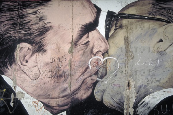 Artwork shows Leonid Brezhnev and Erich Honecker kissing, painting was created in 1990 at the Berlin Wall, Berlin, Germany