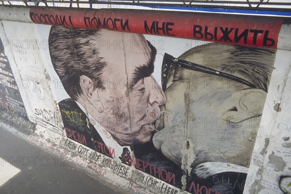 Artwork shows Leonid Brezhnev and Erich Honecker kissing, painting was created in 1990 at the Berlin Wall, Berlin, Germany