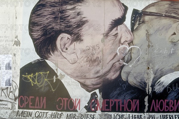 Artwork shows Leonid Brezhnev and Erich Honecker kissing, painting was created in 1990 at the Berlin Wall, Berlin, Germany